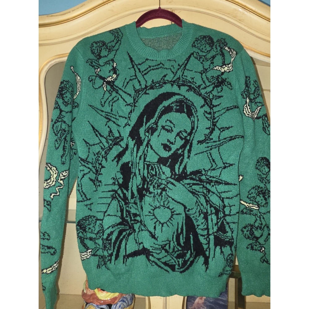 ROMWE M Virgin Mary Angel Graphic Knit Sweater Green Gothic Religious